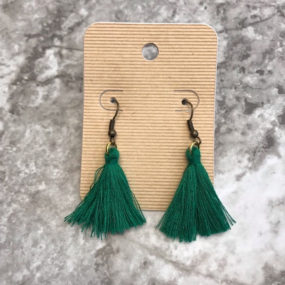 Tassel Earrings Green Bohemian Festival NEW Handmade USA Light Weight